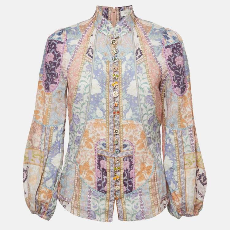 Pre Owned Zimmermann Multicolor Print Ramie Embellished Buttons Long Sleeve Blouse S
