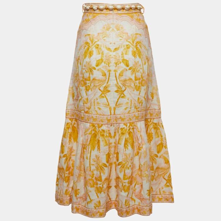 Pre Owned Zimmermann Yellow Floral Print Linen Belted Midi Skirt S