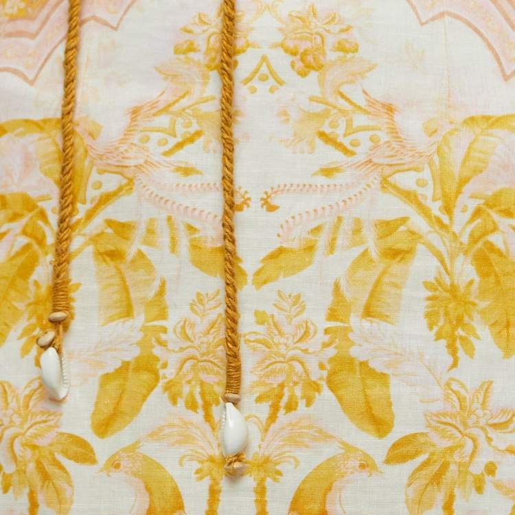 Pre Owned Zimmermann Yellow Floral Print Linen Belted Midi Skirt S