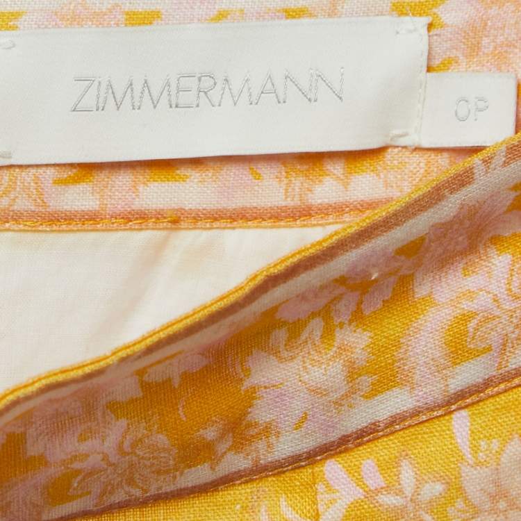 Pre Owned Zimmermann Yellow Floral Print Linen Belted Midi Skirt S