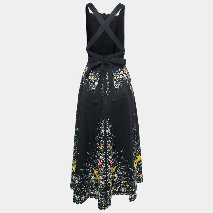 Pre Owned Zimmermann Black Floral Embroidered Linen Open-Back Midi Dress S 