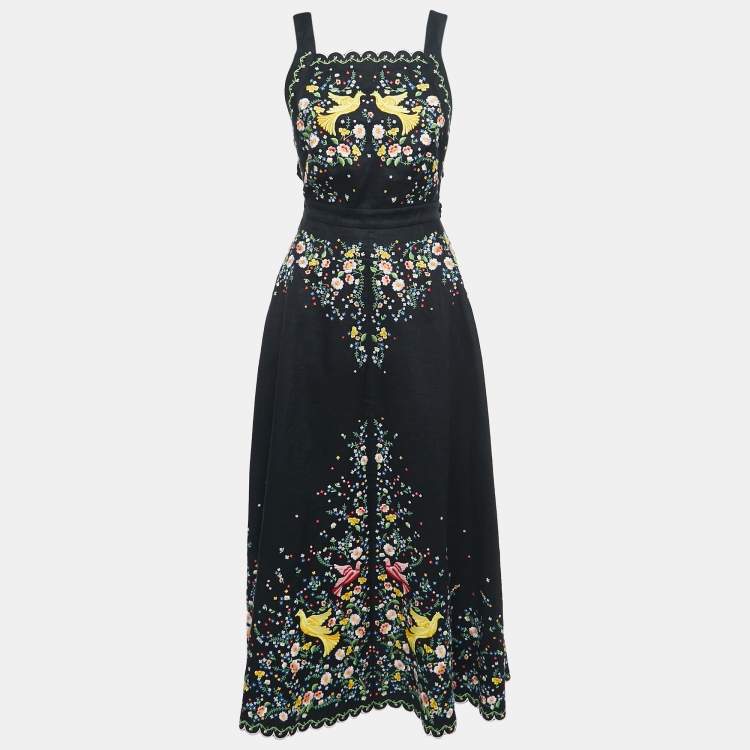 Pre Owned Zimmermann Black Floral Embroidered Linen Open-Back Midi Dress S 