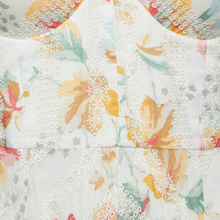 Pre Owned Zimmermann White Floral Printed Cotton Bustier Midi Dress L