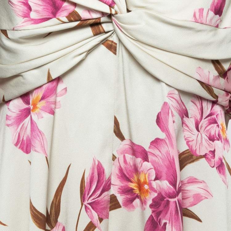 Pre Owned Zimmermann Cream Floral Printed Silk Twist Knot Dress XL