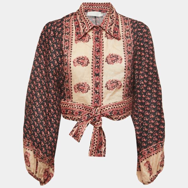 Pre Owned Zimmermann Black Printed Linen Jaya Tie-front Blouse M