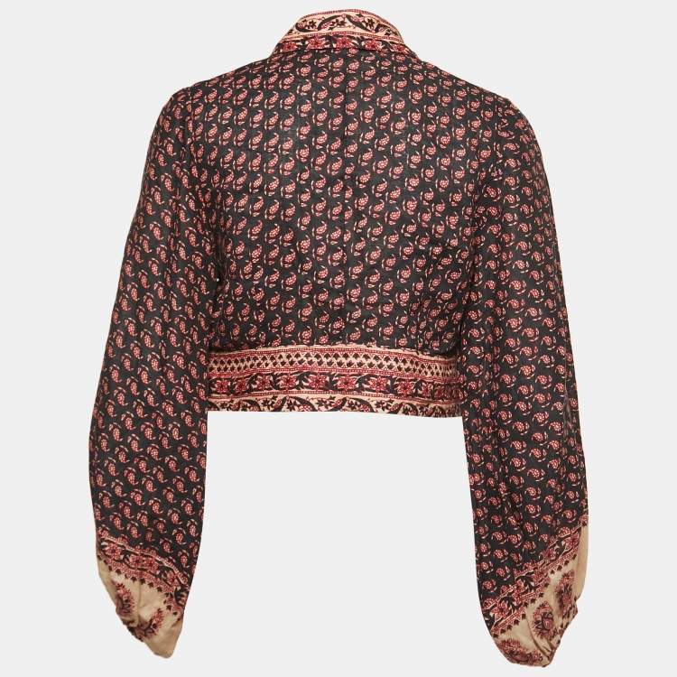 Pre Owned Zimmermann Black Printed Linen Jaya Tie-front Blouse M