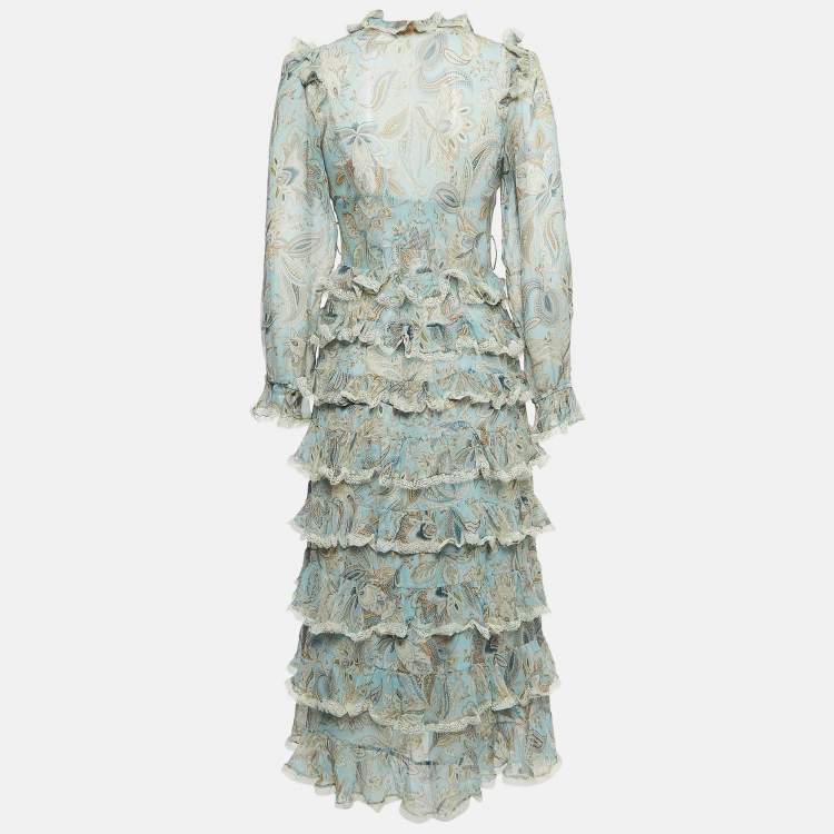 Zimmermann Blue Paisley Print Silk Tiered Ladybeetle Midi