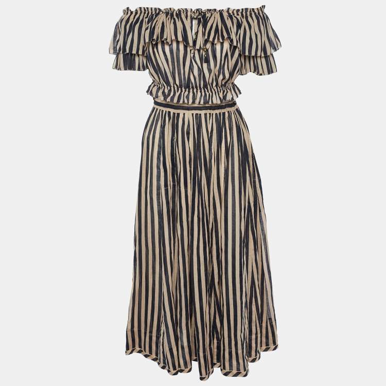 Pre Owned Zimmermann Beige & Black Striped Cotton Off Shoulder Crop Top & Midi Skirt M