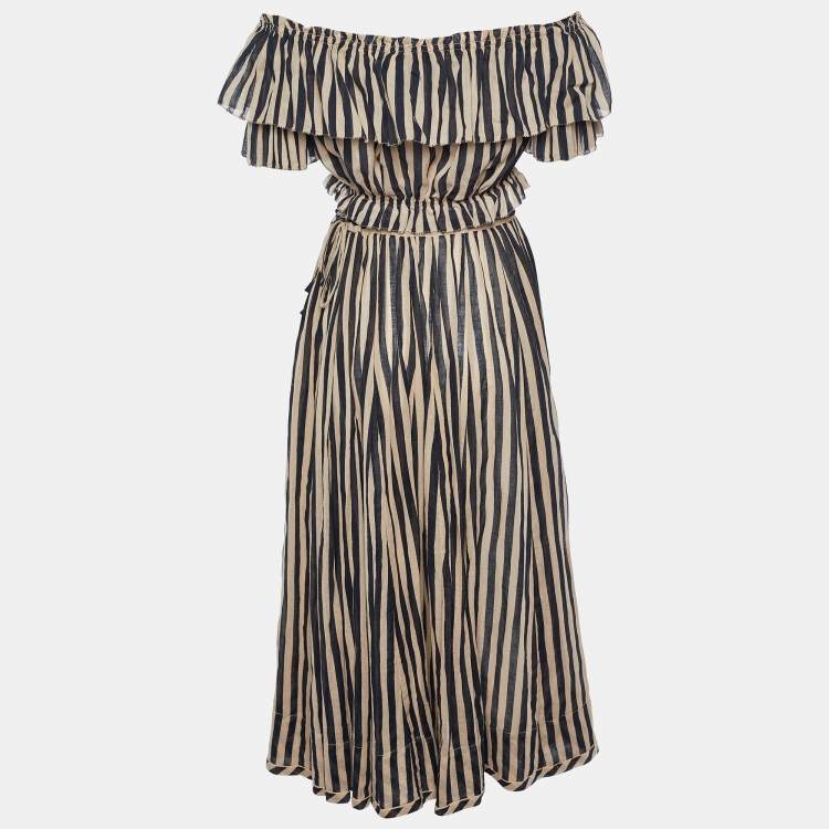 Pre Owned Zimmermann Beige & Black Striped Cotton Off Shoulder Crop Top & Midi Skirt M