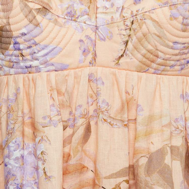 Pre Owned Zimmermann Light Orange Floral Print Linen Bralette Midi Dress L