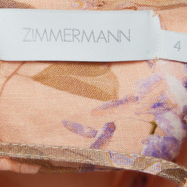 Pre Owned Zimmermann Light Orange Floral Print Linen Bralette Midi Dress L