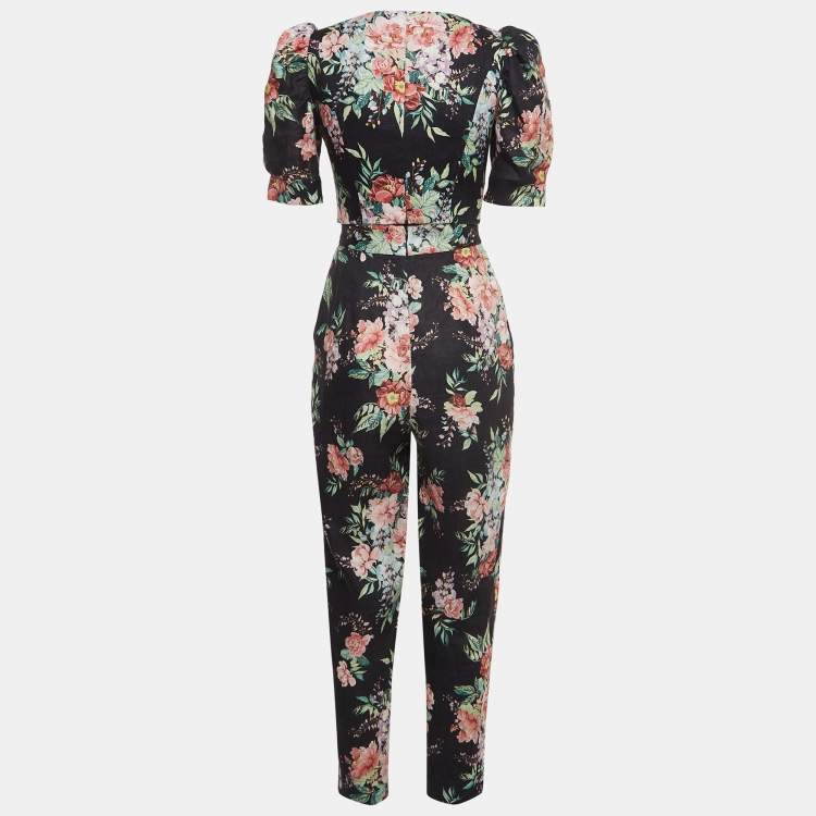 Pre Owned Zimmermann Black Floral Print Linen Lace-Up Crop And Pant Set S