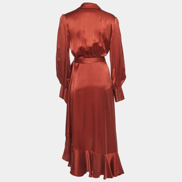 Pre Owned Zimmermann Brown Silk Wrap On Midi Dress M