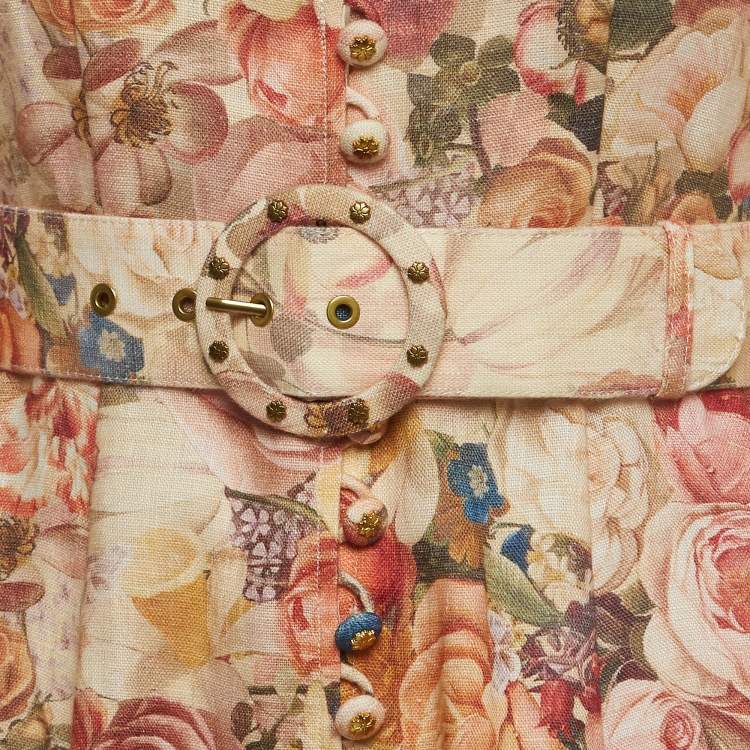 Pre Owned Zimmermann Cream Luminosity Printed Linen Belted Midi Dress S