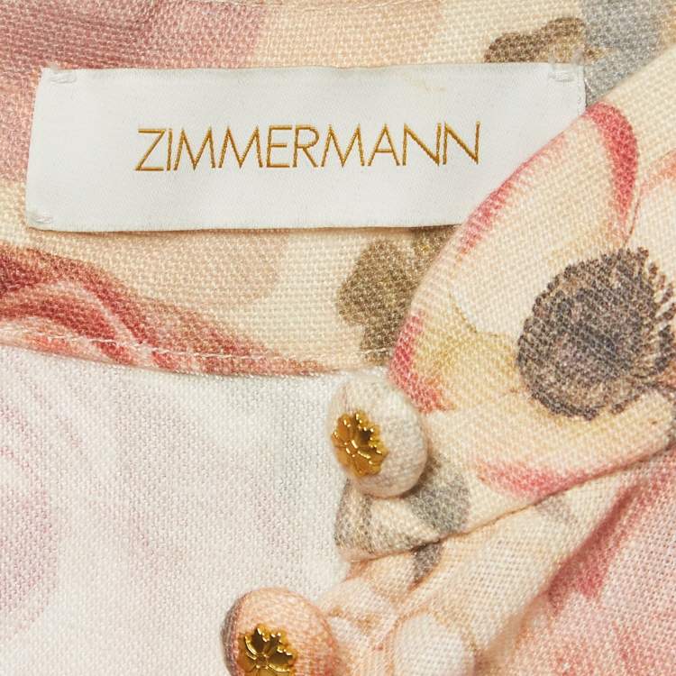 Pre Owned Zimmermann Cream Luminosity Printed Linen Belted Midi Dress S