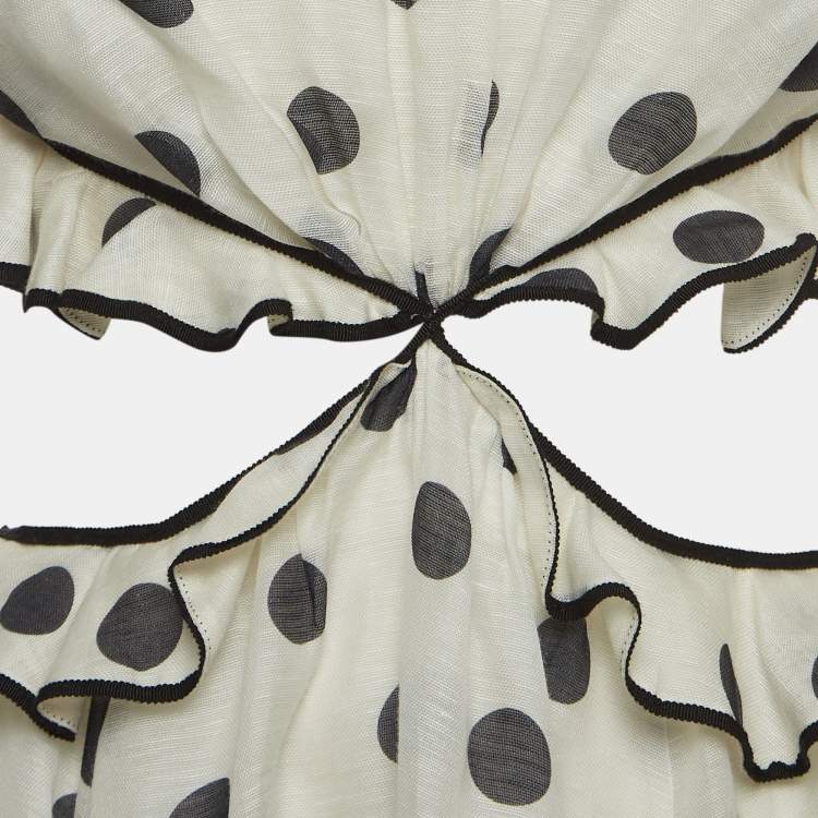 Pre Owned Zimmermann White/Black Polka-Dot Printed Linen Blend Frilled Mini Dress S