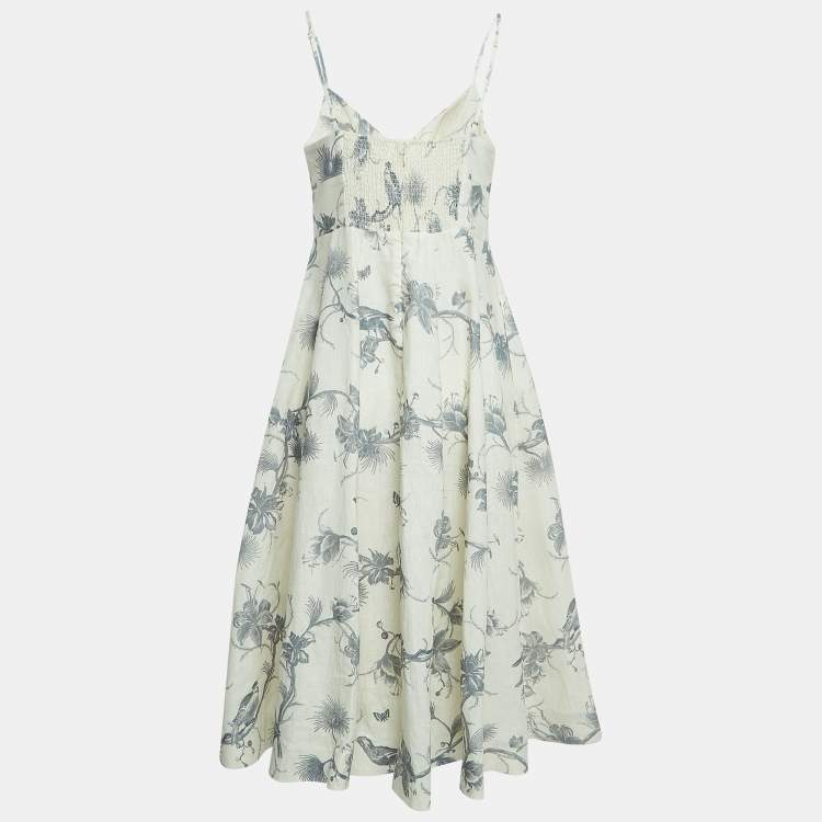 Pre Owned Zimmermann White Floral Print Linen Picnic Midi Dress M