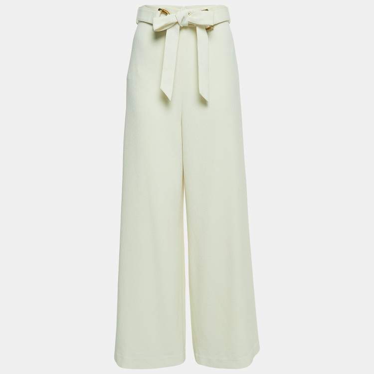 Pre Owned Zimmermann Cream Textured Crepe Belted Trousers M