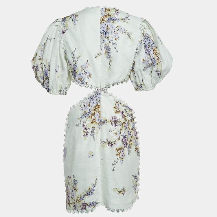 Pre Owned Zimmermann White Floral Printed Linen Cutout Mini Dress L