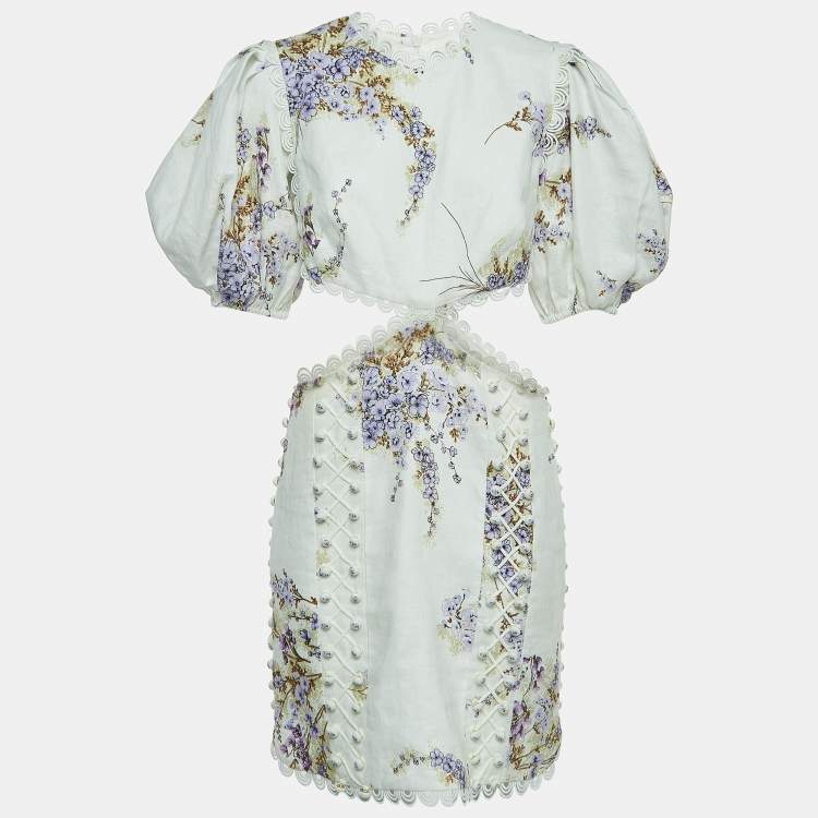 Pre Owned Zimmermann White Floral Printed Linen Cutout Mini Dress L