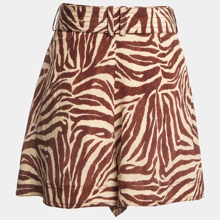Pre Owned Zimmermann Brown Zebra Print Silk Belted Shorts M