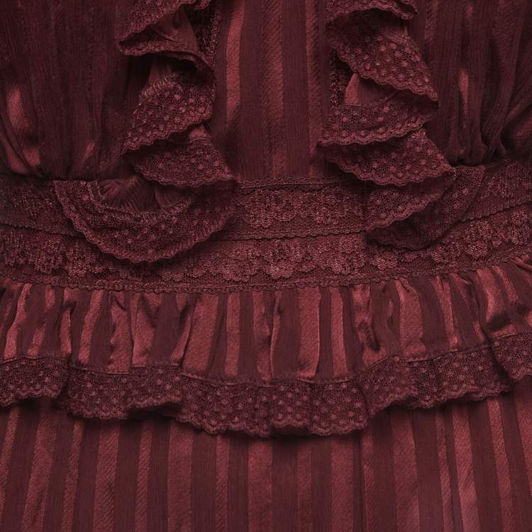Pre Owned Zimmermann Burgundy Lace Ruffled Silk Espionage Panel Dress S