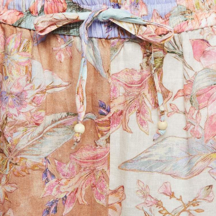 Pre Owned Zimmermann Multicolor Floral Printed Linen Drawstring Pants M