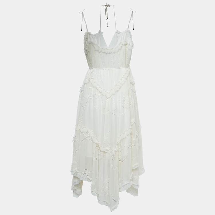 Pre Owned Zimmermann White Eyelet Silk Tie-Up Strap Asymmetric Dress M