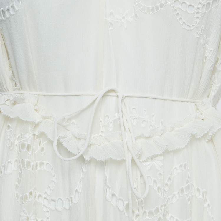 Pre Owned Zimmermann White Eyelet Silk Tie-Up Strap Asymmetric Dress M