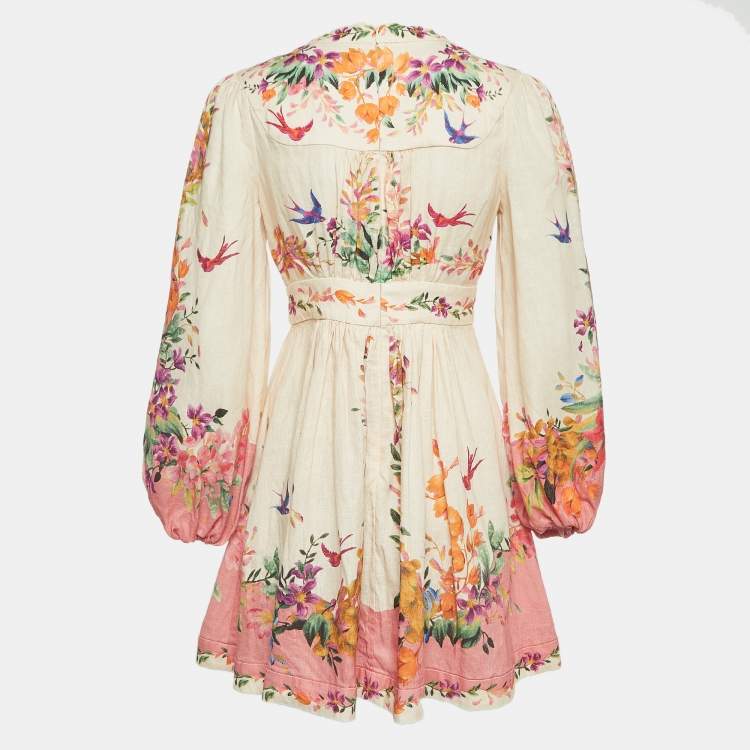 Pre Owned Zimmermann Beige/Pink Tropicana Print Linen Mini Dress S