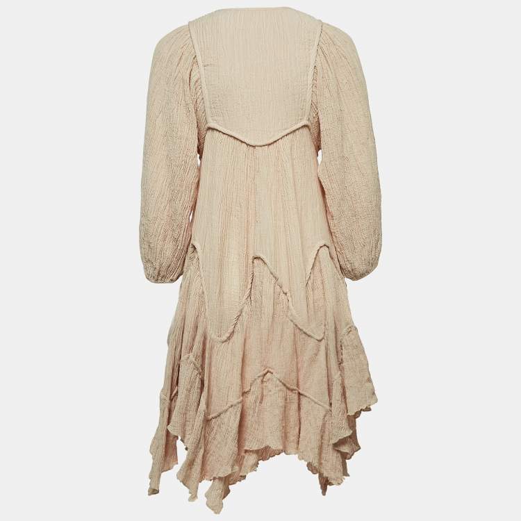 Pre Owned Zimmermann Bayou Beige Crinkled Ramie And Cotton Asymmetric Tiered Dress M