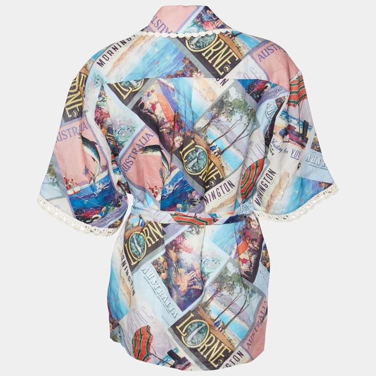 Pre Owned Zimmermann Multicolor Postcard Print Ramie Belted Shirt M