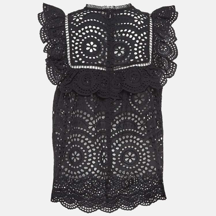Pre Owned Zimmermann Black Floral Pattern Lace Ruffled Blouse S
