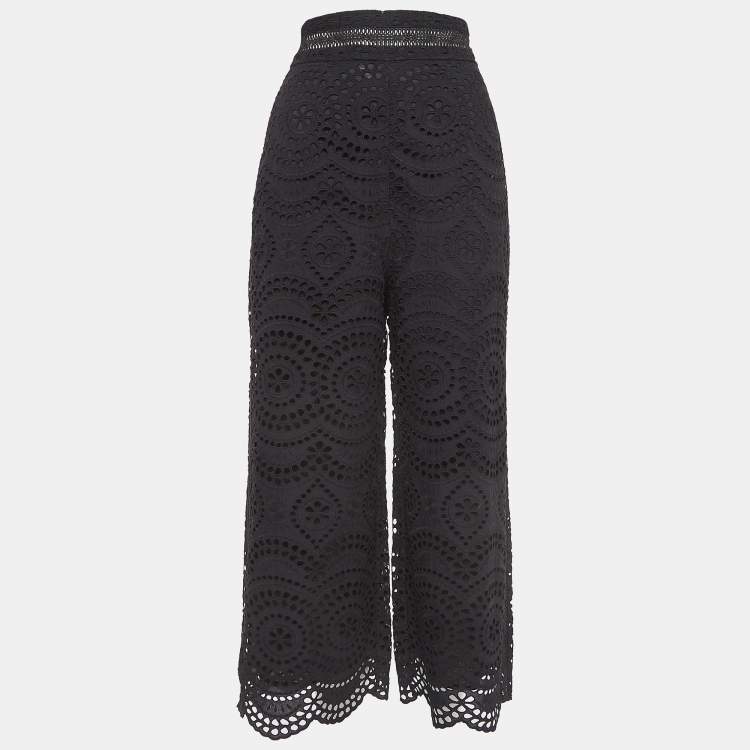 Pre Owned Zimmermann Black Floral Pattern Lace Cropped Wide-Leg Trousers M