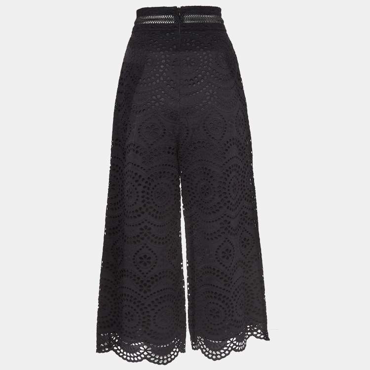 Pre Owned Zimmermann Black Floral Pattern Lace Cropped Wide-Leg Trousers M
