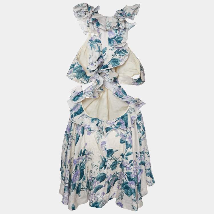 Pre Owned Zimmermann Oatmeal Hydrangea Floral Print Linen Cassia Ruffle Mini Dress M
