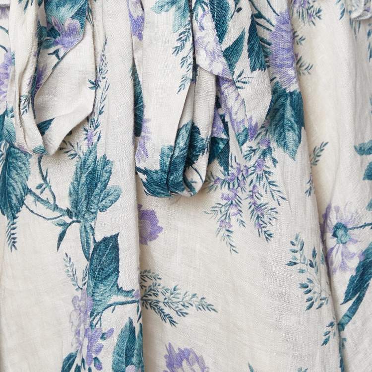 Pre Owned Zimmermann Oatmeal Hydrangea Floral Print Linen Cassia Ruffle Mini Dress M
