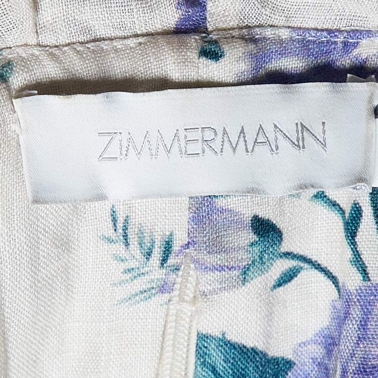 Pre Owned Zimmermann Oatmeal Hydrangea Floral Print Linen Cassia Ruffle Mini Dress M