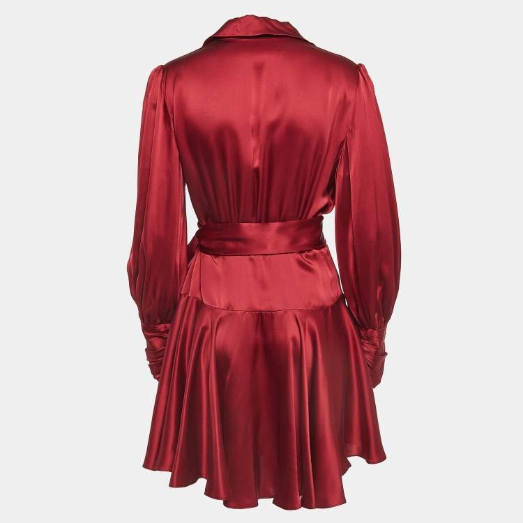Pre Owned Zimmermann Red Silk Satin Blouson Sleeve Mini Wrap Dress M