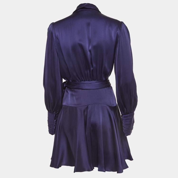 Pre Owned Zimmermann Blue Silk Satin Blouson Sleeve Mini Wrap Dress M