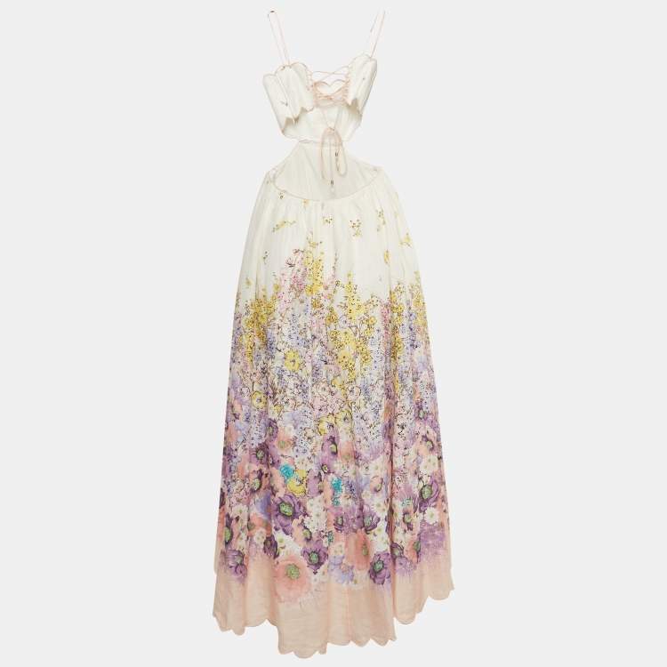 Pre Owned Zimmermann White/Pink Floral Print Linen Lace-Up Cut Out Detail Midi Dress M