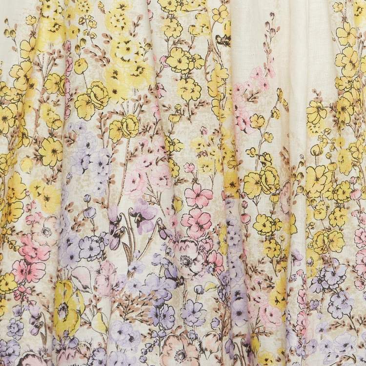 Pre Owned Zimmermann White/Pink Floral Print Linen Lace-Up Cut Out Detail Midi Dress M