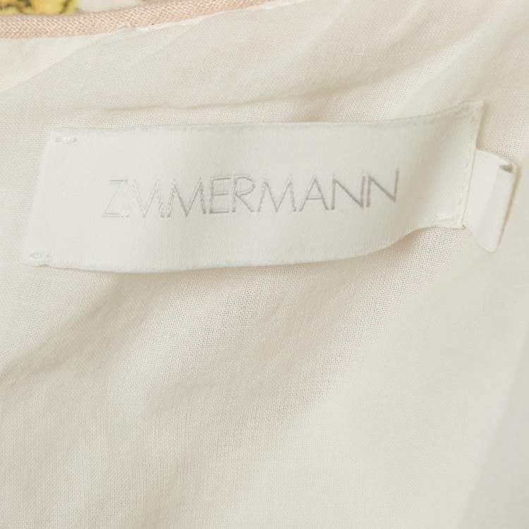 Pre Owned Zimmermann White/Pink Floral Print Linen Lace-Up Cut Out Detail Midi Dress M