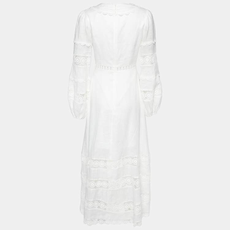Pre Owned Zimmermann Ivory Linen & Lace Paneled Midi Dress S