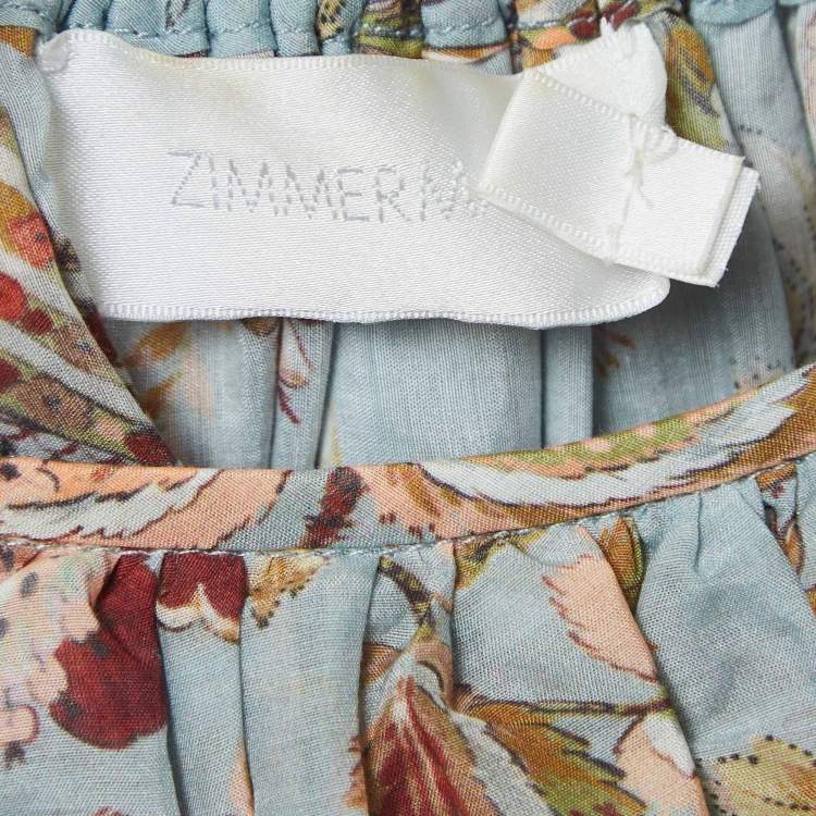 Pre Owned Zimmermann Blue Floral Print Silk Blend Off-Shoulder Blouse S