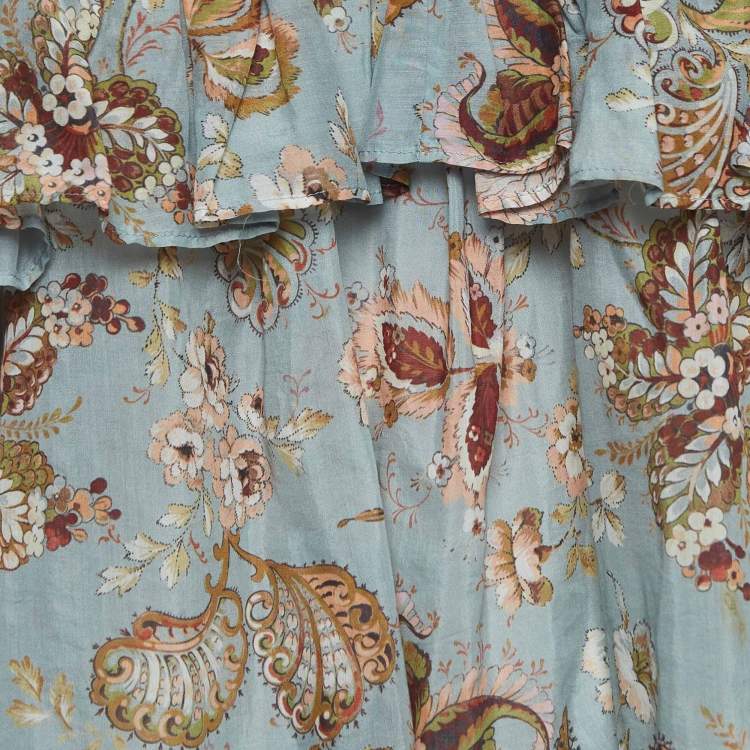 Pre Owned Zimmermann Blue Floral Print Silk Blend Off-Shoulder Blouse S