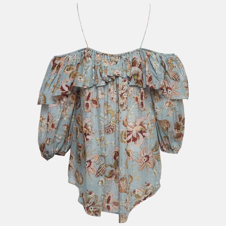Pre Owned Zimmermann Blue Floral Print Silk Blend Off-Shoulder Blouse S