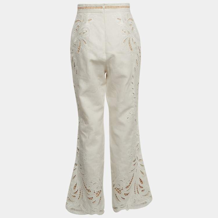 Pre Owned Zimmermann White Embroidered Linen Wide Legs Pants M
