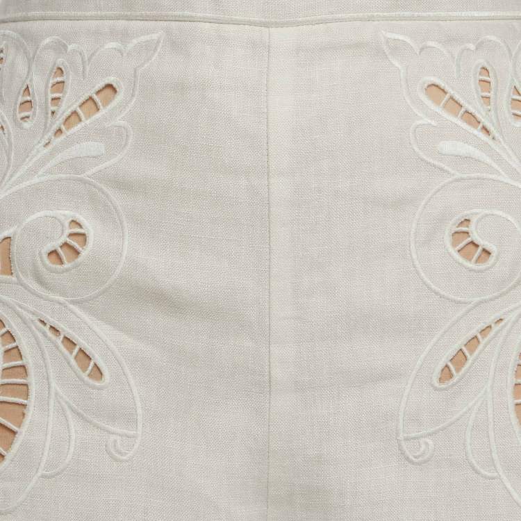 Pre Owned Zimmermann White Embroidered Linen Wide Legs Pants M