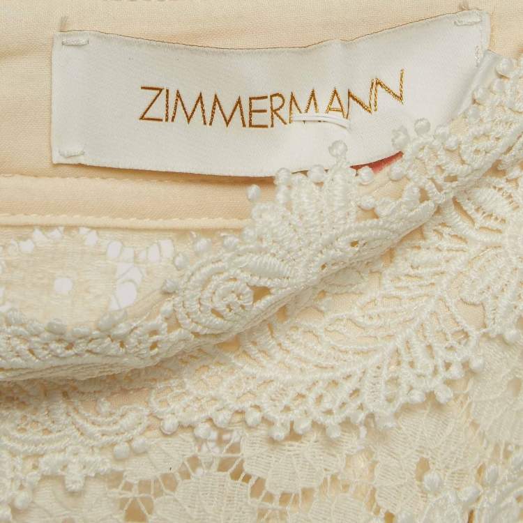Pre Owned Zimmermann Off White Lace Ruffled Sleeve Top M